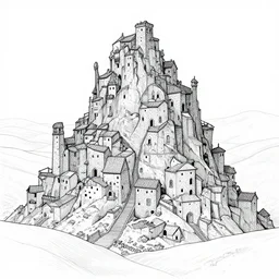 concept art of looming crooked ancient town, artstation, ink, line art, black white, rolling hills, waterfall, river, overwhelming, extremely detailed, dominating palace with white walls on top of the hill center