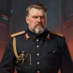 a portrait of a stern heavy set older man with a round face and a salt and pepper goatee, elegantly dressed in an officers uniform, in the style of a soviet era propaganda poster, cyberpunk dark fantasy art, official fanart behance hd artstation by jesper ejsing