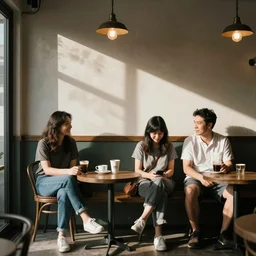 taiwan brother, sister and her foreign husband sit down waiting for coffee in cafe