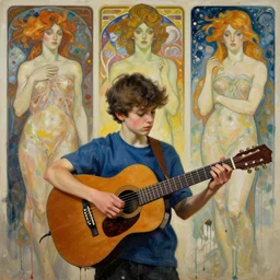 acoustic guitar boy, vincent lefevre and hernan bas and pat steir and alphonse mucha and hilma af klint, psychological, photorealistic, dripping paint, washy brush, rendered in octane, altermodern, masterpiece