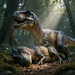 closeup of monster hunter guildmarm examining a sleeping dinosaur in the forest, natural lighting, moody shadows, god rays, faint dust in the air, DSLR photo, 4k