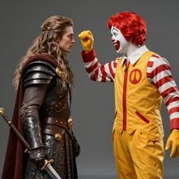 concept art of Eowyn facing off against an evil Ronald McDonald by Tony Sart, highly detailed, realistic, trending on ArtStation