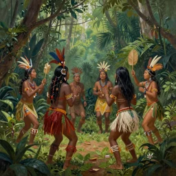 a beautiful painting of indigenous people celebrating in the jungle, fantasy art, matte painting, highly detailed