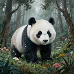 gigantic panda with a lot of glass details, a lot of exotic vegetation, trees, flowers, dull colors, in the foggy huge forest, by moebius, junji ito, tristan eaton, victo ngai, artgerm, rhads, ross draws, hyperrealism, risograph