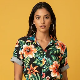 a studio photograph of a beautiful latin woman in her mid 2 0's wearing a button down shirt with tropical floral print shirt, large hoop earrings. yellow backdrop.