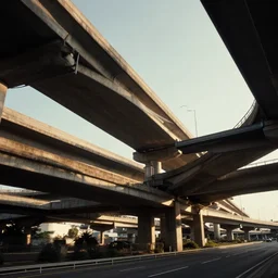 a still from elysium by ian mcque - multiple level highway overpass interchange, dramatic lighting, day time above a 4 - lane highway, 2 0 mm lens, low camera angle, behance favourite, artstation trending, deviant art,