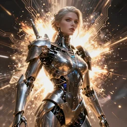 anfas portrait of a mech warrior, female, fantasy, circuitry, explosion, dramatic, intricate, artstation, concept art, smooth, sharp focus, illustration, by john carpenter octane render