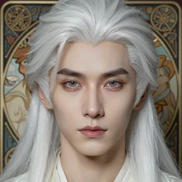 portrait of 4 0 - year - old man with long white hair with a pale complexion, clear face, pointed face and grey eyes, hyper realistic face, beautiful eyes, fantasy art, in the style of greg rutkowski, intricate, alphonse mucha, hyper detailed, smooth