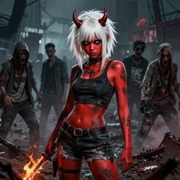 punk!! (samurai) oni girl in dirtied modern day streetwear! fashion holding a flaming katana!! standing in the middle of a zombie apocalypse | red skin, tattooed, devil horn, white hair, black eyes, black pupils, tousled lob haircut, long bangs! textured haircut, modern shags, side-swept, medium neck-length bobs | grunge, dramatic, cinematic, wallpaper, 4k HD, movie poster | drawn by artgerm, drawn by peter kemp, drawn by greg rutkowski, drawn by ross tran, drawn by WLOP