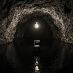 beautiful matte painting of infinite black cave lake, centered on a chair under an edison bulb in empty black space, sepia, high contrast, sunken in black water, void