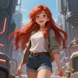 beautiful cute red haired joyful and playful nineteen year old young girl standing up, casual clothing, long hair, cyberpunk city, attractive face, rpg character, sci - fi, fantasy, intricate, elegant, digital painting, artstation, concept art, smooth, 8 k frostbite 3 engine, ultra detailed, art by artgerm and greg rutkowski and magali villeneuve