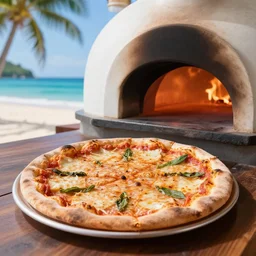 a highly detailed pizza in a wood fired oven on a tropical beach in the sunset, basil growing on palm trees, little tomato characters in the background are playing in the water, hyper realistic 3 d octane render, 4 k movie still by pixar