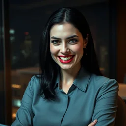 a portrait photograph of a smug woman executive with vampire fangs in a board room, black hair, dof, sharp focus, wicked smile, pale, highly detailed face, symmetric face, night skyline outside window in background, 4 k, cinestill 8 0 0 t, exif, raw, photography by andreas franke