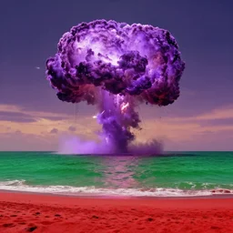 purple nuclear bomb explosion, red sand beach, green ocean, nebula sunset