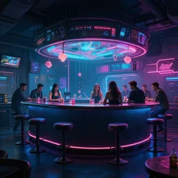photo environment cyberpunk bar : 4, 4 k rtx hdr volume light concept studio matte painting environment digital illustration style cyberpunk 2 0 7 7 artstation, by artur tarnowski, by mihai muscan, marcin tomalak, marta leydy, marcin stepien, charlotte hughes, zuzanna dabrowa, neon bioluminiscence