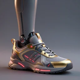realistic 3 d render of a cyberpunk android foot wearing sneakers, beautiful studio lighting, soft, sharp focus, neon cyberpunk highlights, intricate detail, gold and red accents, soft rubber, octane render, side view, close up, trending on artstation, deviantart, art by syd mead and issey miyake