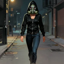 a powerful female character, who wears a black, hoodie and jeans. her face is covered in a gas mask. she is walking down the street at night. artwork by boris vallejo.