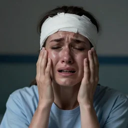 a portrait of a female mental asylum patient filled with pain and anguish and expression, crying, torn, sadness, bandaged head, very dark, depressing, grim, moody, atmospheric lighting, cinematic, unreal engine, by nicola samori