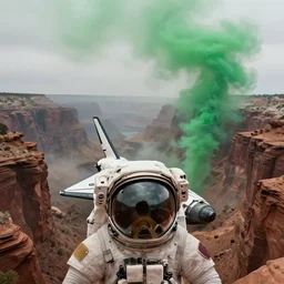concept art, neill blomkamp movie shot, an astronaut's helmet, space shuttle wreckage in the alien grand canyon, rule of thirds, green smoke, moody, heavy fog, wide angle, beautiful matte painting, ultra detailed, 8 k render