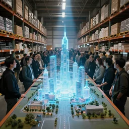 large group people in a huge warehouse, looking at hologram of futuristic city on a table | cinematic concept art | godrays | 4 k | clear details | tabletop model | tabletop model | hologram foreground