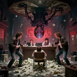 scene from stranger things, upside down, 3 people robbing bank in upside down, bank heist, piles of money, demogorgon