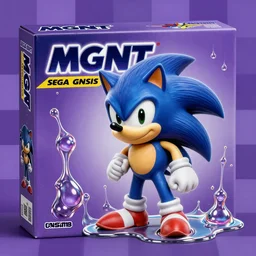 surreal, sharp, detailed professional, high quality airbrush art MGMT album cover of a liquid dissolving DMT sonic the hedgehog, purple checkerboard background, 1990s 1992 Sega Genesis video game box art sonic