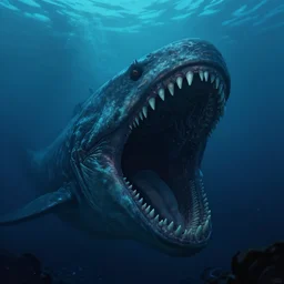 deep underwater in the darkness, enormous maw of a huge creature, digital art, trending on artstation