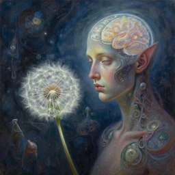 portrait oil painting, abstract expression, subconscious connects, dimensional consciousness, fantastical, ultra realistic, dandelion in a symbiosis with a humanoid monster at night, soft glows, intricate details, artifacts, luminous skies, transparent brain, highly detail, michael cheval, peter mohrbacher, boris vallejo, jessica rossier, oil