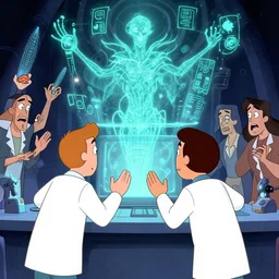 two engineers and a scientist in labcoats confront an eldritch malevolent computer, digital spirit, floating glowing digital runes, panic, ross tran, ( futurism ), rhads!!!, james gurney, ( art fitzpatrick ), ( asaf hanuka ), ( ( barclay shaw ) ), ominous, saturday morning cartoon, clean linework, western animation