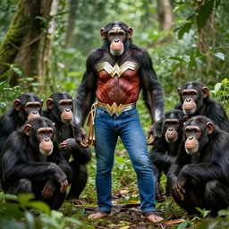a Chimpanzee, dressed as Wonder Woman, wearing tight fit Blue Jean pants, standing in the jungles of the Congo with a troop of Chimpanzees, photographed in the style of National Geographic, photorealistic