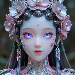 stunning hyperdetailed upclose symmetrical portrait of princess with translucent porcelain skin, big electric eyes, ultra detailed ornate neon wire lacing, ultra detailed, mechanical flower headdress, micro detail, by satoshi kon, sharp focus, wooded background, 8 k