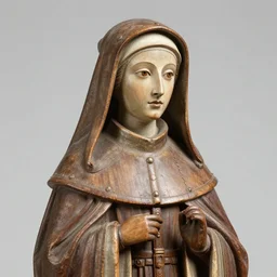 realistic photo portrait of a a medieval antique old wooden sculpture of a female monk dressed white spherical fluffy hat helmet, greyscale 1 9 9 0, life magazine photo, natural colors,