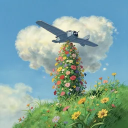 a plane in sky, planted by flowers, by studio ghibli painting, by joaquin sorolla rhads leyendecker, by ohara koson and thomas ; cloud
