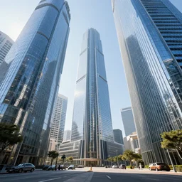 ground view of futuristic los angeles center with humongous glass skyscrapers, sunlight, hyperdetailed, artstation, cgsociety, 8 k