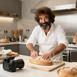 Bob Ross as an Italian baker in a modern kitchen making bread, dslr photo