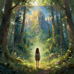 a girl in the middle of the forest finds a giant, fantasy painting, artstation