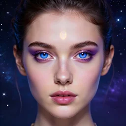 a beautiful colorful digital realistic closeup portrait of an attractive girl with blue violet eyes and open third eye spiritual art, space background, breathtaking stars lights shining, hyperrealistic, photorealistic, hyper sharp, 4k, detailed, hypermaximalist, 8k, hyper realistic, 4k HDR,