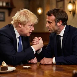 inside a cozy tavern, boris johnson wrestle with emmanuel macron