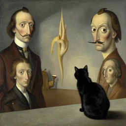 black cat observing critical change from far away and above by carrington, bosch, beksinski, dali, barlowe, magritte