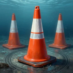 orange and white reflective traffic cone shark, tyre mark, wide shot, underwater background detailed atmospheric - ron cheng & alphonse mucha, highly detailed, digital painting, ray tracing, concept art, illustration, smooth sharp focus, intricate, symmetry, artstation,
