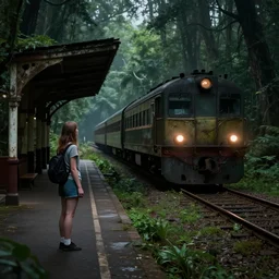 Girl standing on the left at the old train station looking forward to the train, old train heading to station with lights on, dense creepy forest with a lot of detail, the tracks covered with vegetation, highly detailed, matte painting, 4k, 8k resolution, trending on artstation, octane render, unreal engine, cinematic
