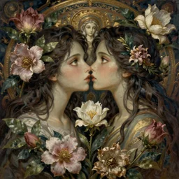 breathtaking detailed concept art painting of the kissing goddesses of nempholia flowers, orthodox saint, with anxious, piercing eyes, ornate background, amalgamation of leaves and flowers, by Hsiao-Ron Cheng, James jean, Miho Hirano, Hayao Miyazaki, extremely moody lighting, 8K