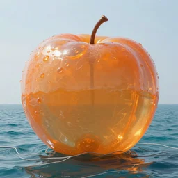 huge transparent orange jell strange morph form like more fruits in the style by anish kapoor, in the parts by shih chieh huang, with wires in the open sea on the water
