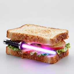 an extremely high quality photo of a surreal neon - lightsaber - sandwich sandwich creation, a hybrid mixture of lightsabersandwich filled with lightsabers