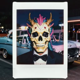 super awesome head to shoulder portrait colored polaroid film photograph of vaporwave skull dragon, miami vice, super classy. stylish. bowtie. bowtie. smile. super resolution. extremely detailed. polaroid 6 0 0 film. by annie leibovitz and richard avedon