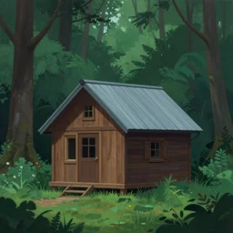 a cabin in the woods, smooth, sharp focus, beautifully detailed, vibrant colors, mysterious, matte painting, by esao andrews