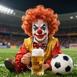 silly little grumpy man clown with a beer in front of a soccer match