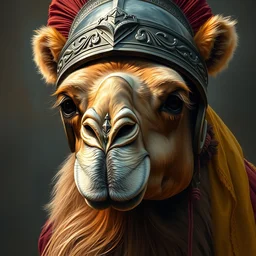 high - quality painting of a camel wearing a saracen helmet, close - up portrait, very detailed, masterpiece, digital art.