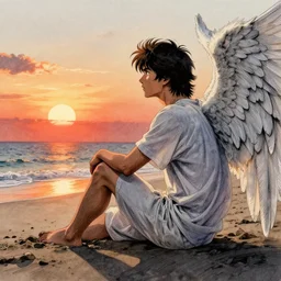portrait, An angel sitting on the beach watching the sun set, watercolor, dramatic lighting, cinematic, establishing shot, extremely high detail, foto realistic, cinematic lighting, pen and ink, intricate line drawings, by Yoshitaka Amano, Ruan Jia, Kentaro Miura, Artgerm, post processed, concept art, artstation, matte painting, style by eddie mendoza, raphael lacoste, alex ross,