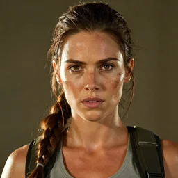 a studio photography, film still of lara croft as cop, her face muddy and sweat, direct sun light, close up potrait, cinematic,